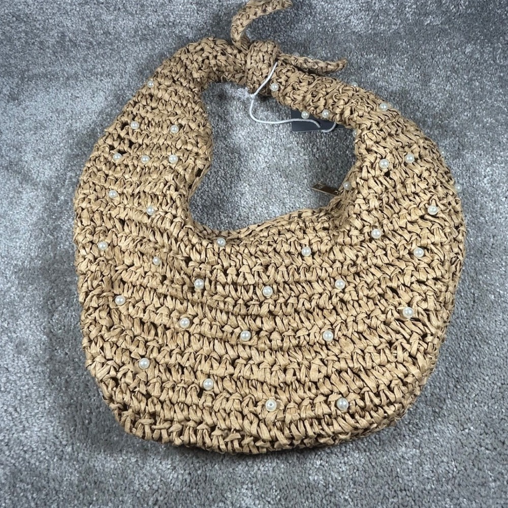 Haute Hippie Hobo Bag Tan Faux‎ Pearl Straw Knotted Handle Women Purse